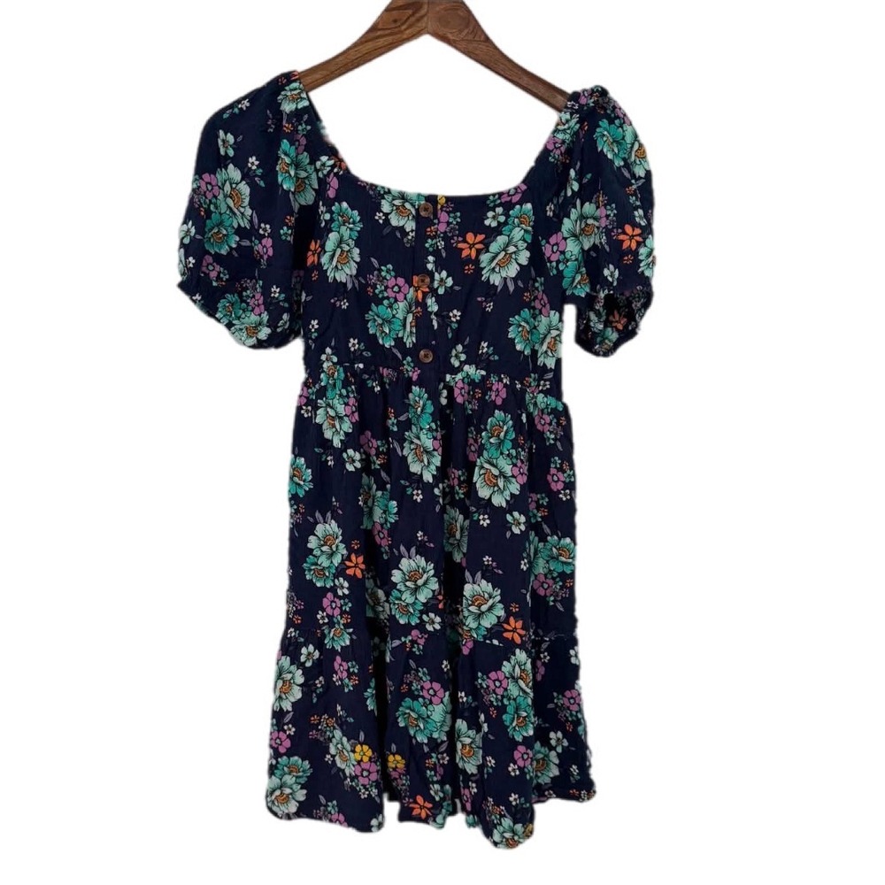Justice Floral Dress Kids Size L 12/14 Navy Blue Excellent Puff Sleeve Smocked